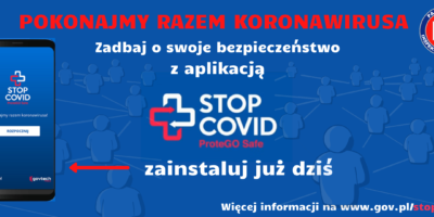Niebieski baner informujący o aplikacji będącej dodatkową ochroną przed koronawirusem