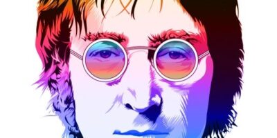 Grafika przedstawia Johna Lennona. Jego twarz pokryta jest różnymi barwami.
