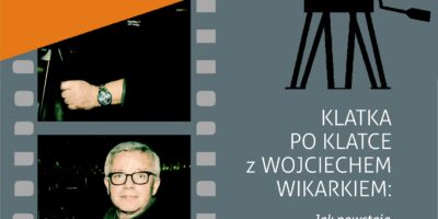 plakat wydarzenia, szare tło, na nim czarna kamera wideo oraz zdjęcie prowadzącego wydarzenie