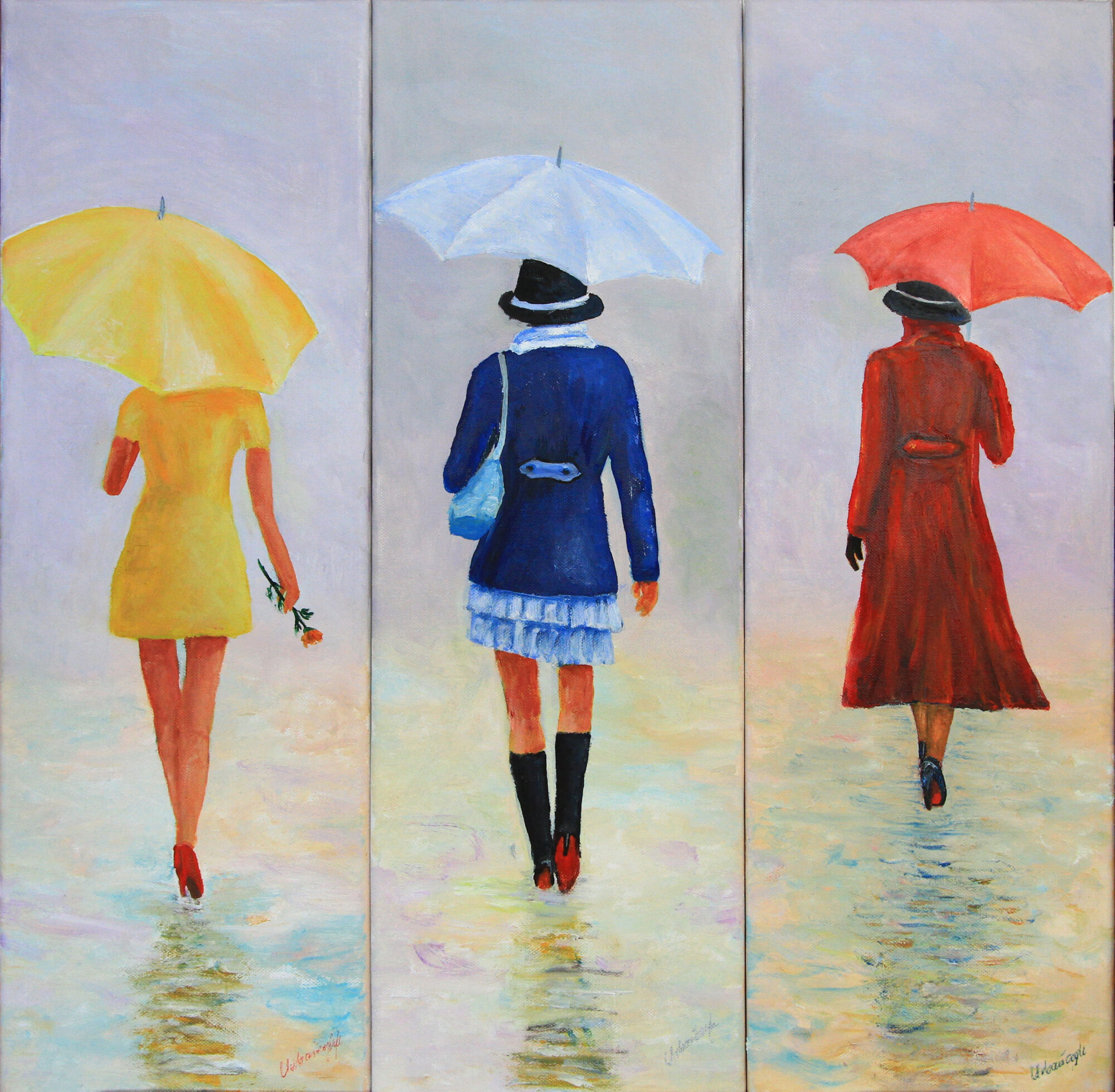Trzy sylwetki kobiet: jedna ubrana na żółto, druga na niebiesko, a trzecie na czerwono. Wszystkie Panie trzymają parasol, który koreluje z kolorem ubrań