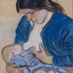 Obraz Stanisława Wyspiańskiego pt Macierzyństwo. Przedstawia kobietę karmiącą piersią niemowlę