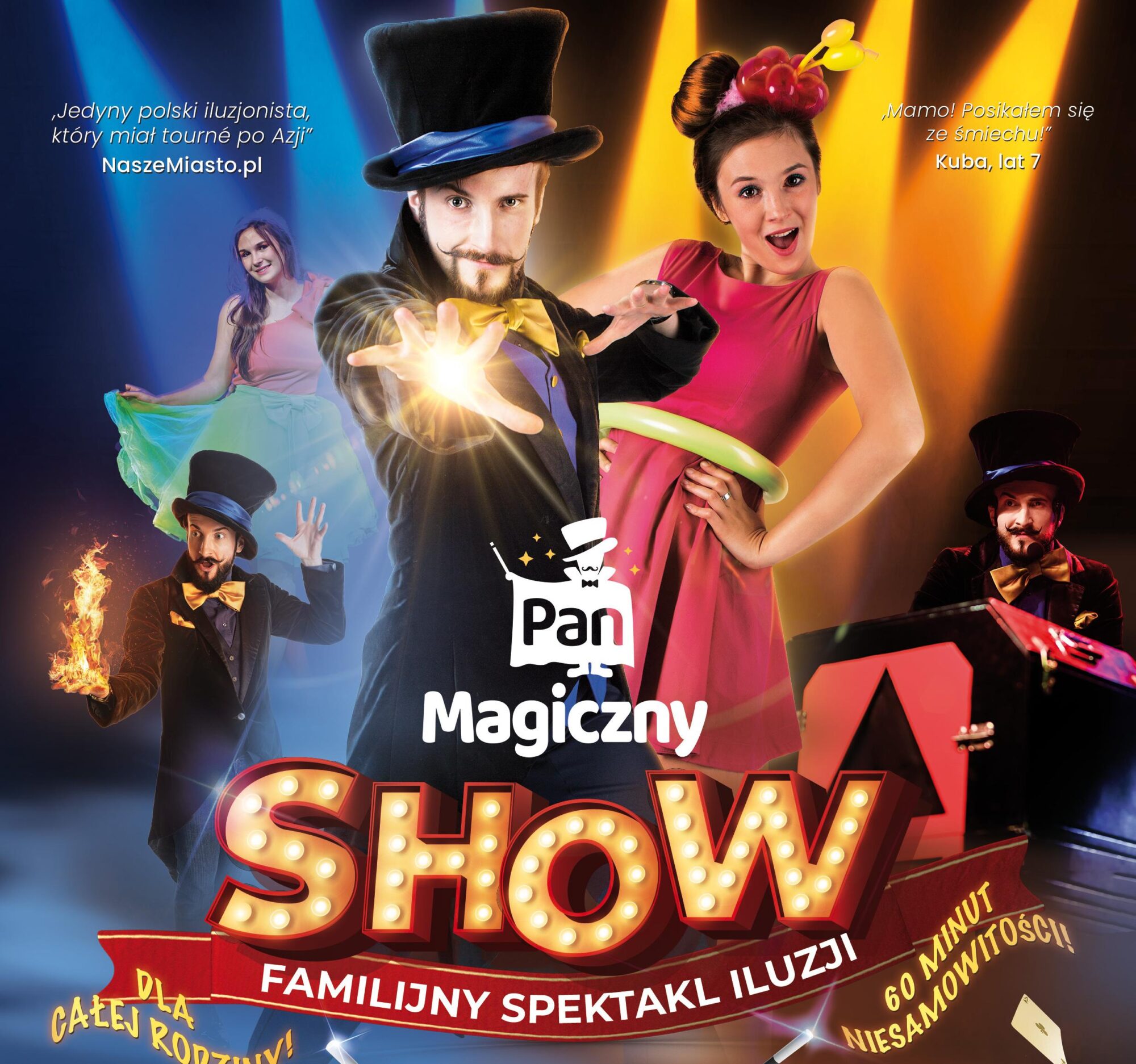 Barwny afisz zapraszający na show magiczny. W centrum magik w cylindrze, z różdżką w ręku i jego asystentka