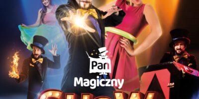 Barwny afisz zapraszający na show magiczny. W centrum magik w cylindrze, z różdżką w ręku i jego asystentka