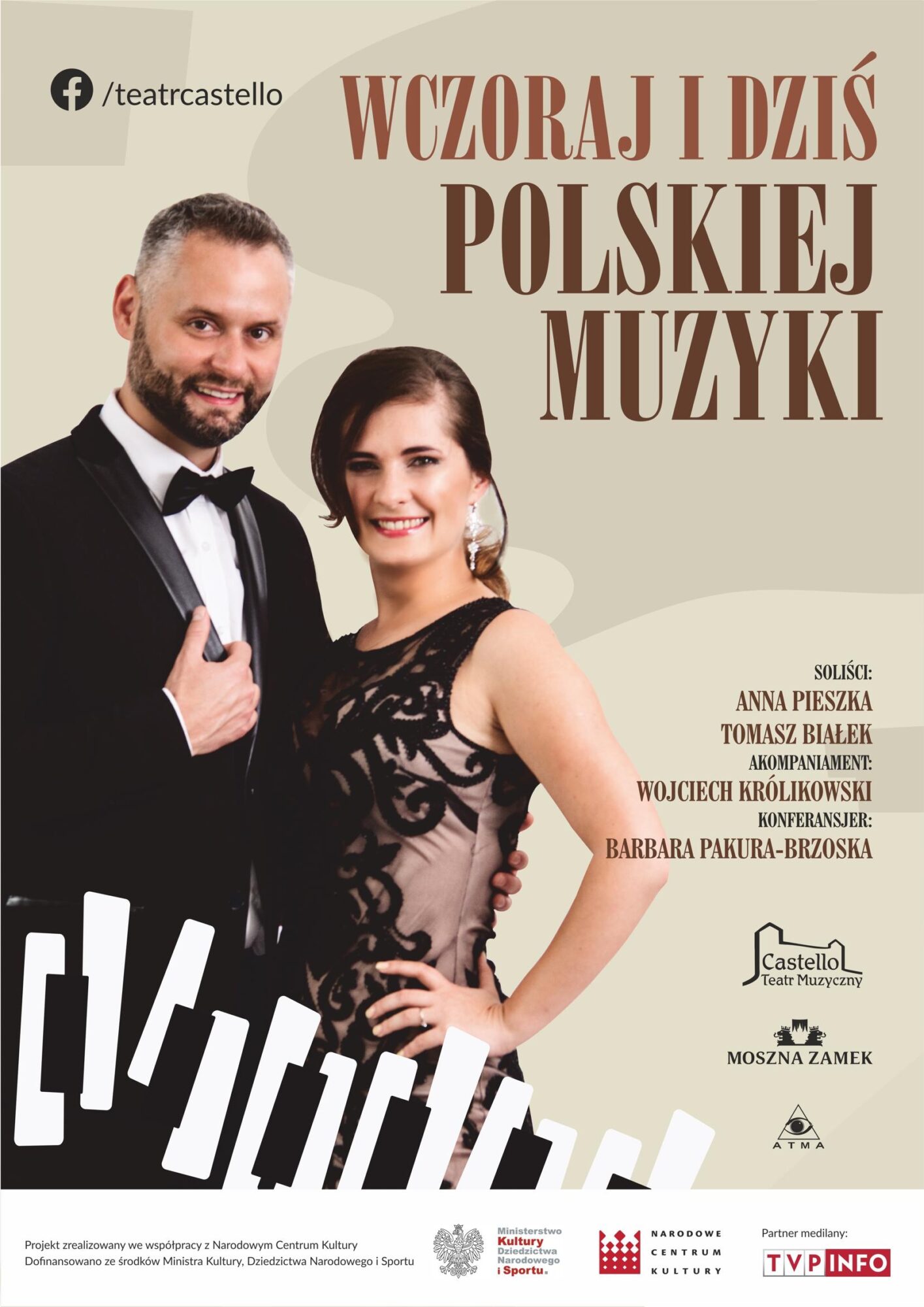 Plakat koncertu piosenki polskiej. Na plakacie soliści- kopbieta i mężczyzna w strojach galowych, patrzą prosto w obiektyw i usmiechają się