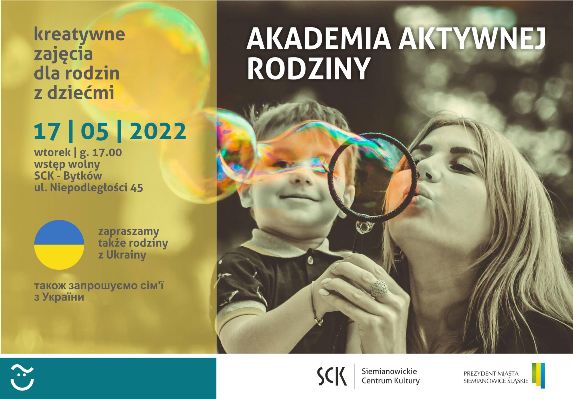 plakat zapraszający na kreatywne zajęcia artystyczne dla rodzin