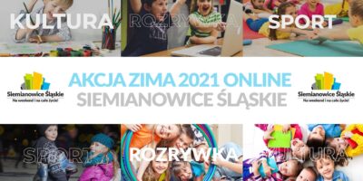 Baner zapraszający dzieci do wspólnej zabawy podczas ferii zimowych on-line