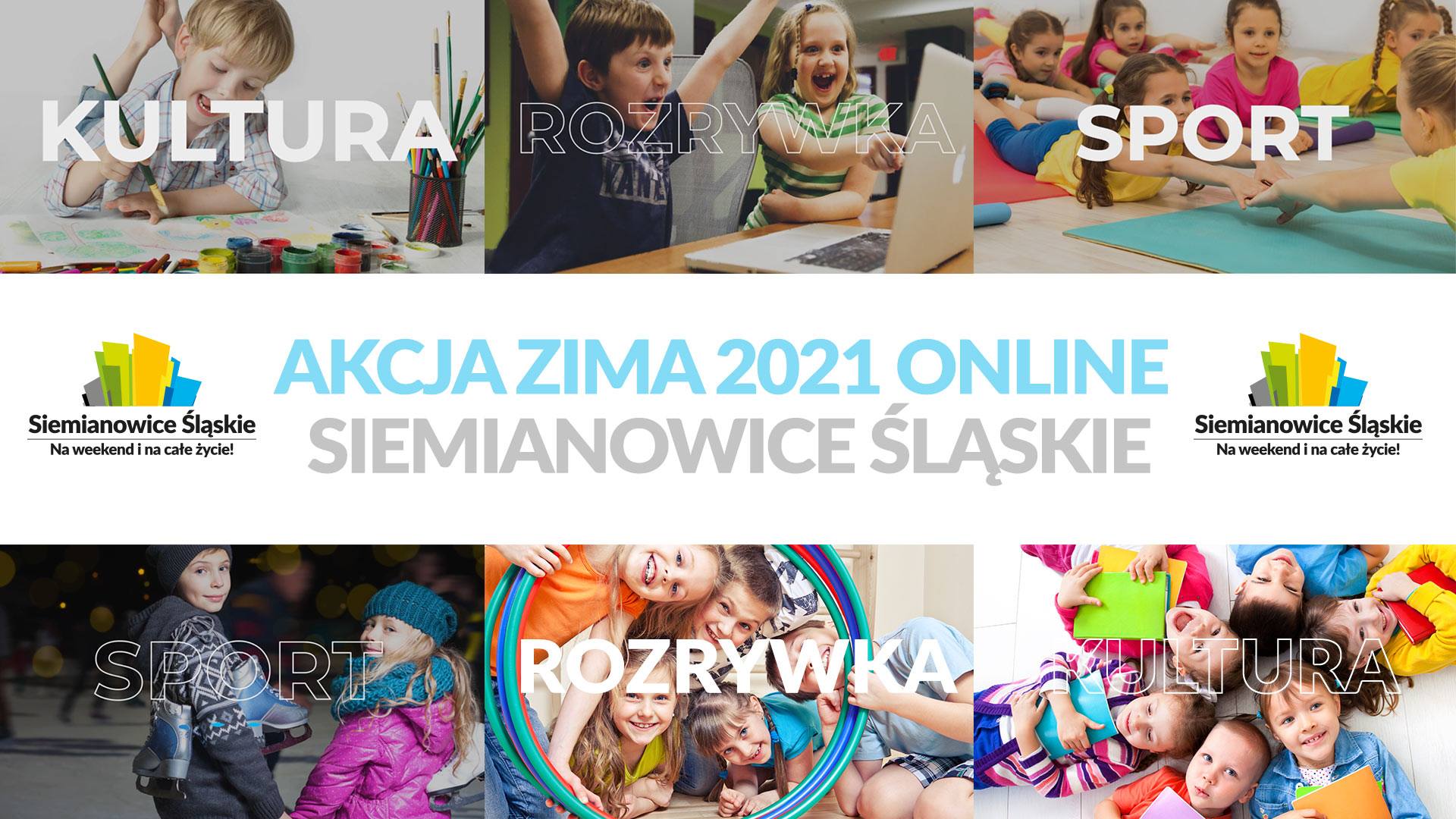 Baner zapraszający dzieci do wspólnej zabawy podczas ferii zimowych on-line