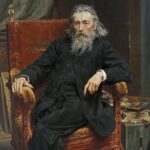 Autoportret Jana Matejki. Starszy mężczyzna z długą brodą, ubrany na czarno siedzi na fotelu