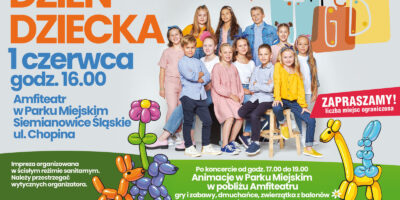 Kolorowy afisz reklamujący imprezę z okazji Dnia dziecka. Oprócz informacji o programie zdjęcie dzieci z zespołu Małe TGD