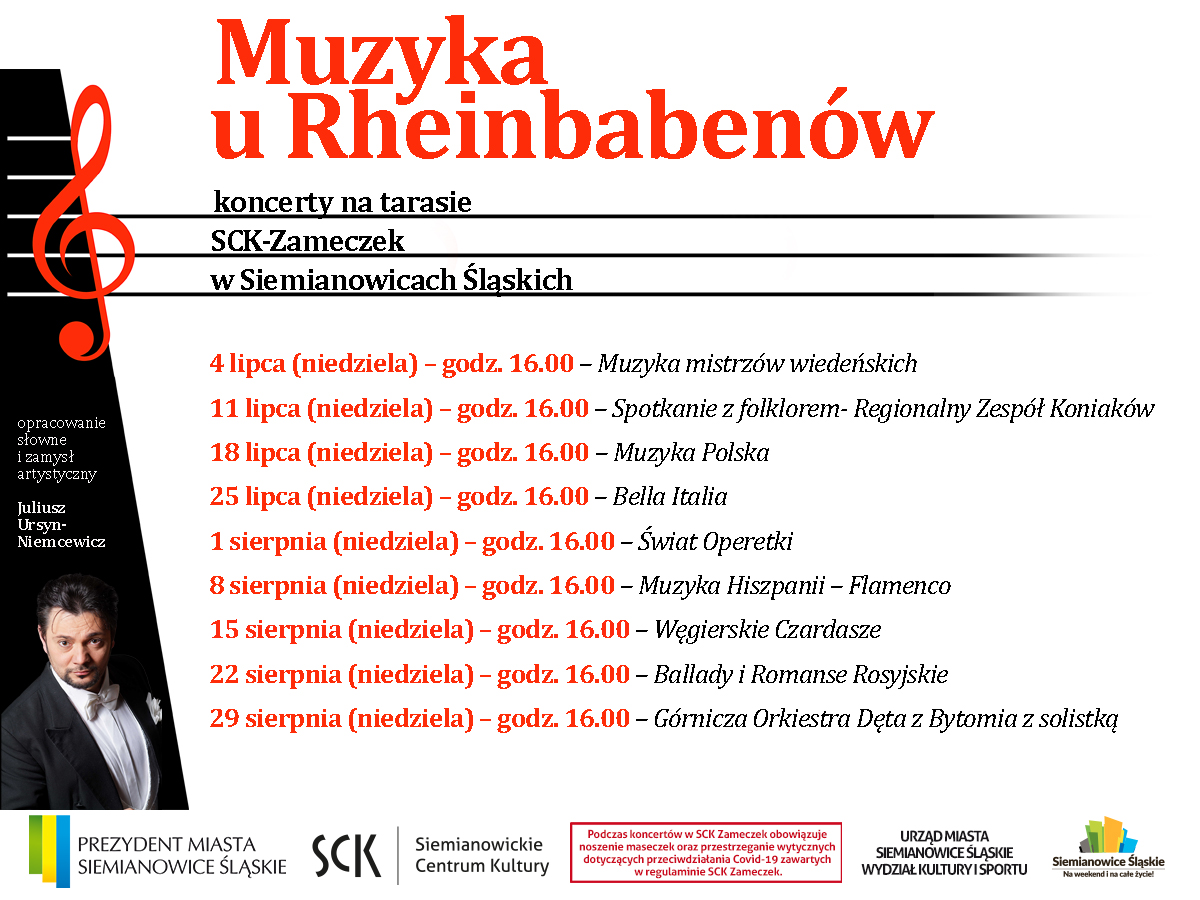 Plakat z terminami koncertów w ramach cyklu "Muzyka u Rheinbabenów"