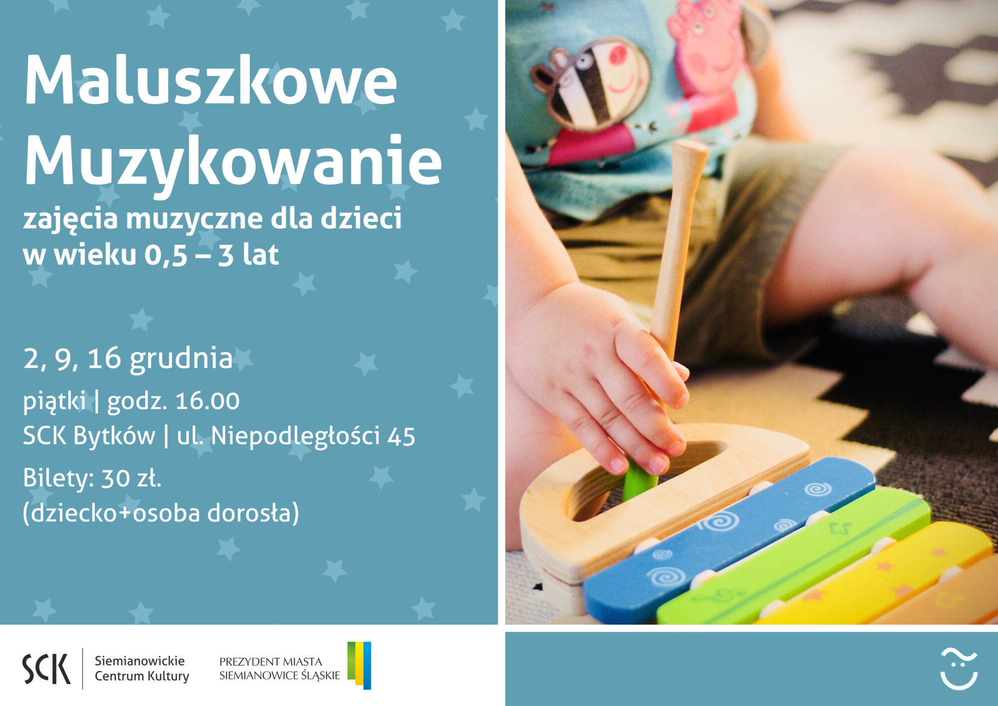 plakat wydarzenia, dziecięce rączki trzymają instrument