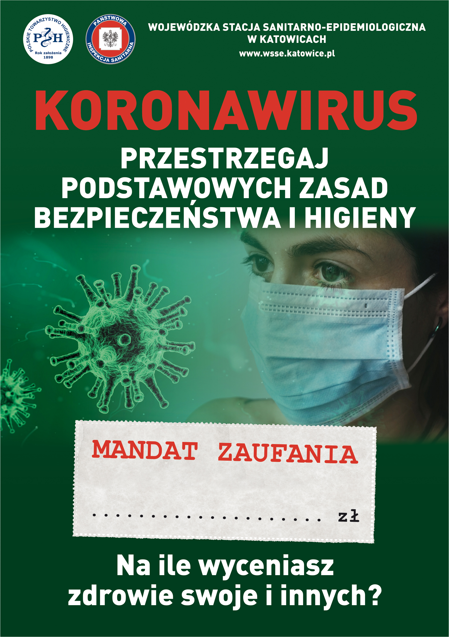 Wizualizacja wirusa, twarz kobiety w maseczce oraz napis KORONAWIRUS PRZESTRZEGAJ PODSTAWOWYCH ZASAD BEZPIECZEŃSTWA I HIGIENY