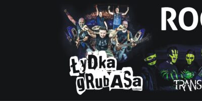 Baner reklamujący koncert rock noc. Na czarnym tle wizerunki dwóch występujących zespołów