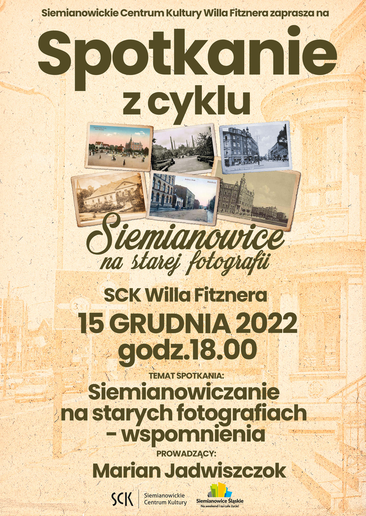 plakat wydarzenia z informacjami oraz starymi fotografiami miasta