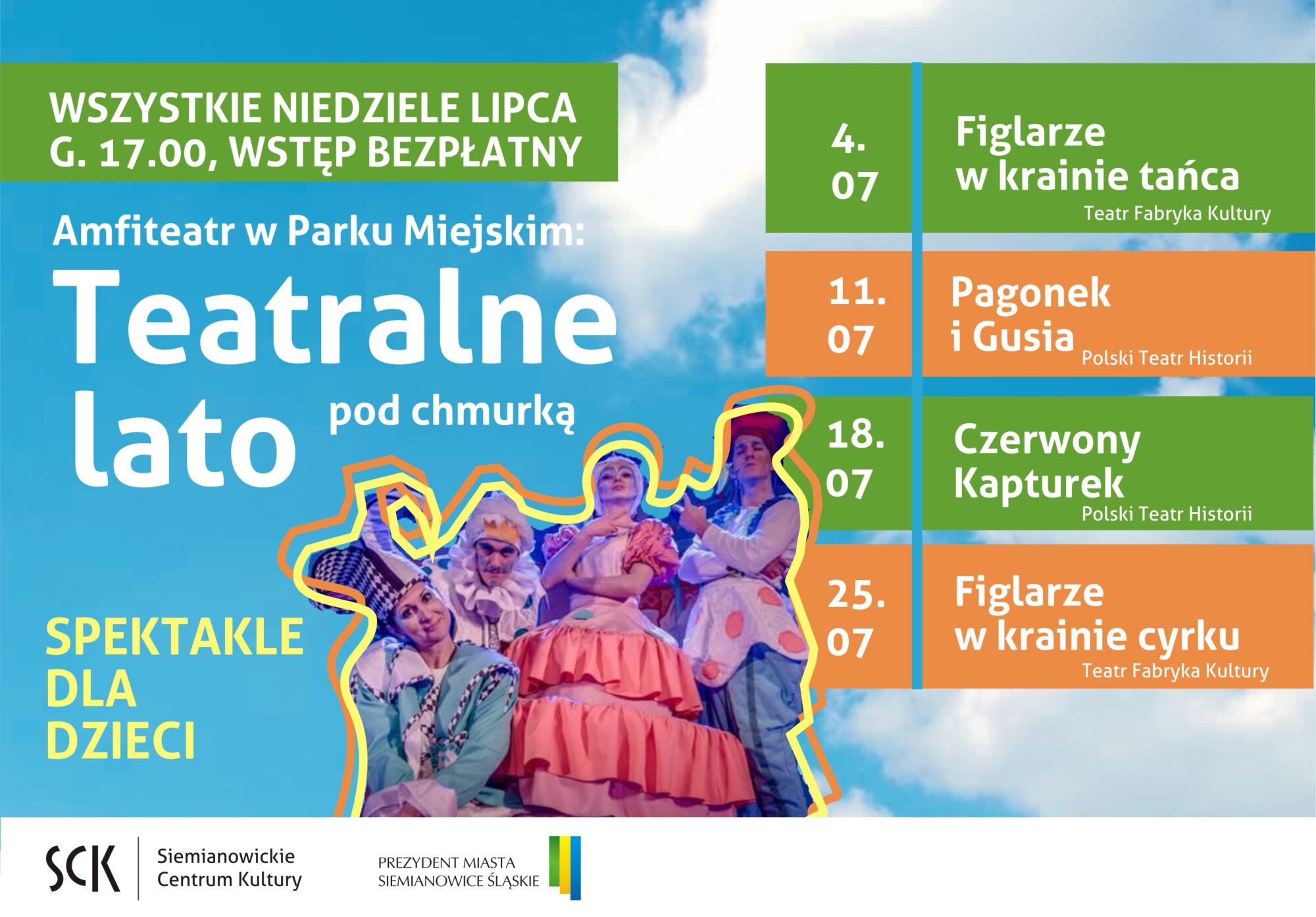 Kolorowy plakat informuje o spektaklach w ramach Teatralnego Lata pod Chmurką