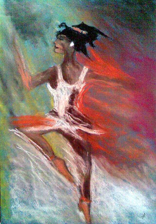 Obraz przedstawia baletnicę - kobietę o czarnych, długich włosach w białym stroju tanecznym na wielobarwnym tle